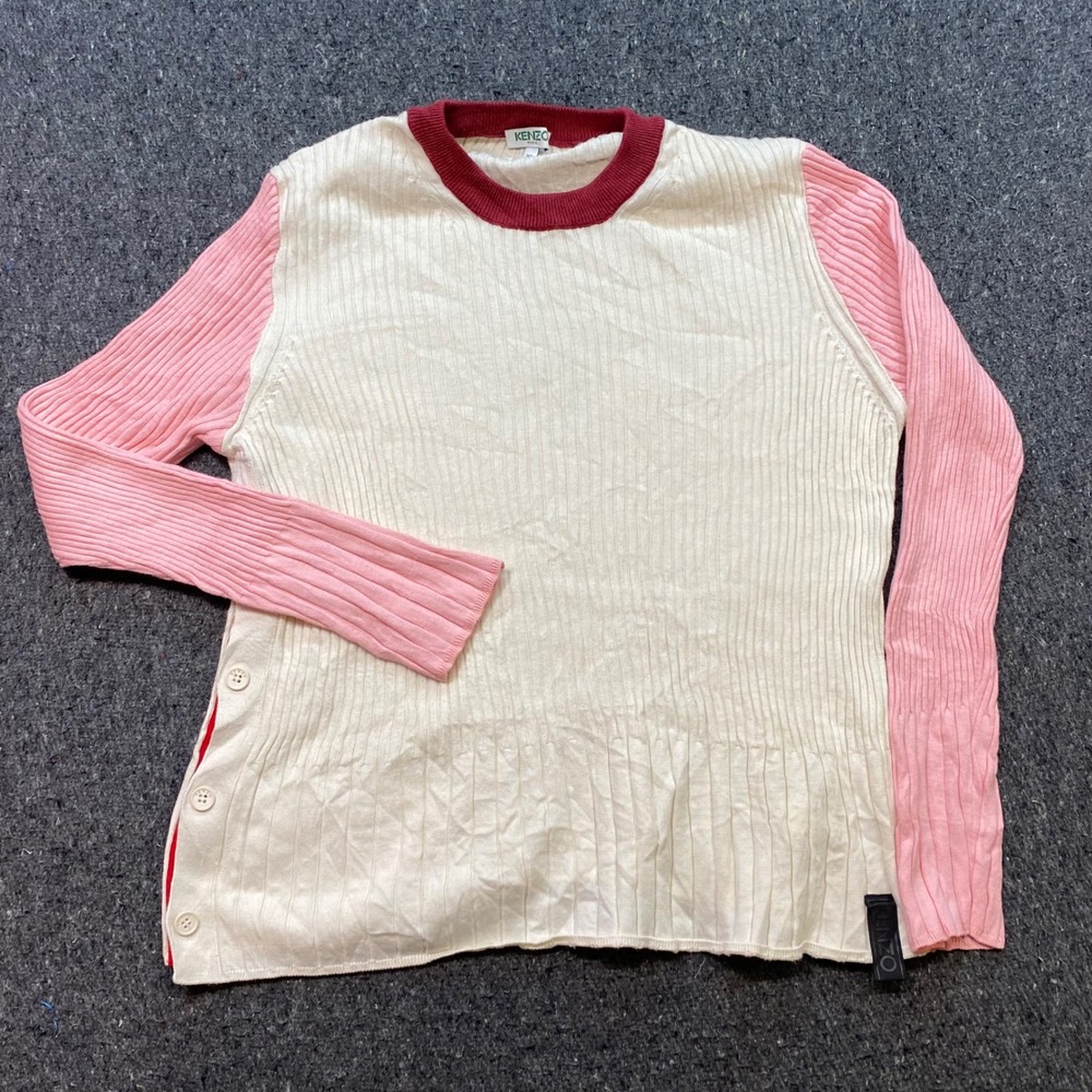 Kenzo Ribbed Colorblock Sweater Sz XL Womens Pink Cream Side Button Designer Top